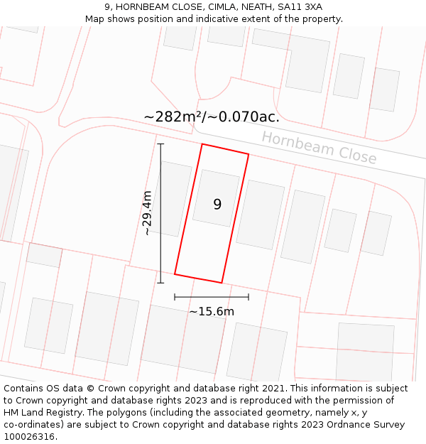 9, HORNBEAM CLOSE, CIMLA, NEATH, SA11 3XA: Plot and title map