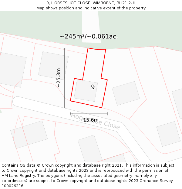 9, HORSESHOE CLOSE, WIMBORNE, BH21 2UL: Plot and title map