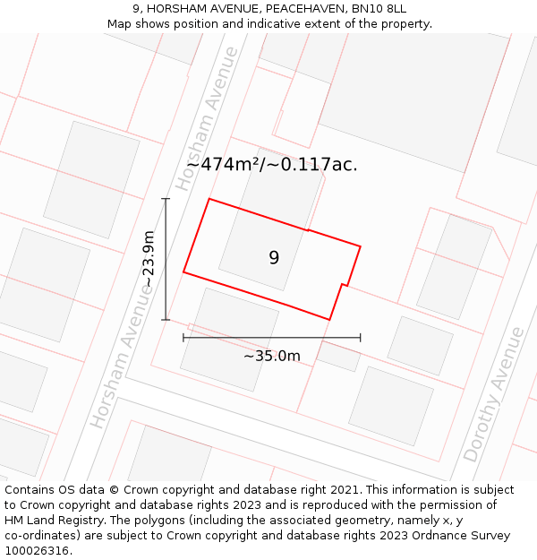 9, HORSHAM AVENUE, PEACEHAVEN, BN10 8LL: Plot and title map