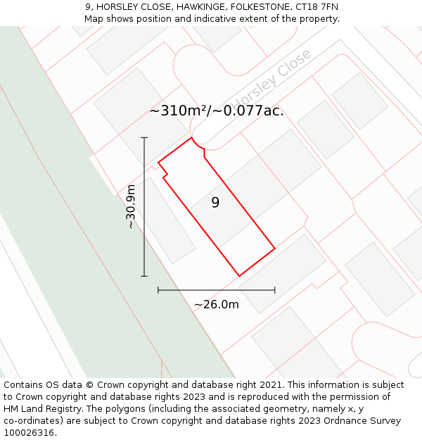 9, HORSLEY CLOSE, HAWKINGE, FOLKESTONE, CT18 7FN: Plot and title map