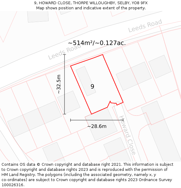 9, HOWARD CLOSE, THORPE WILLOUGHBY, SELBY, YO8 9FX: Plot and title map