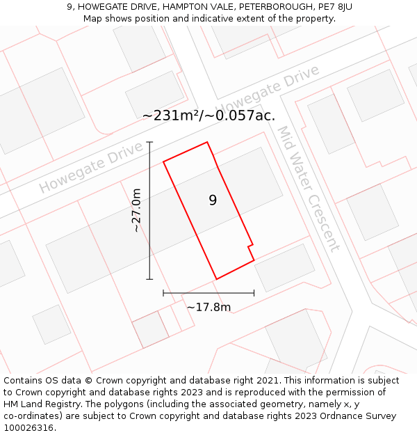 9, HOWEGATE DRIVE, HAMPTON VALE, PETERBOROUGH, PE7 8JU: Plot and title map