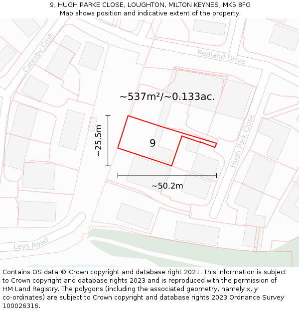 9, HUGH PARKE CLOSE, LOUGHTON, MILTON KEYNES, MK5 8FG: Plot and title map