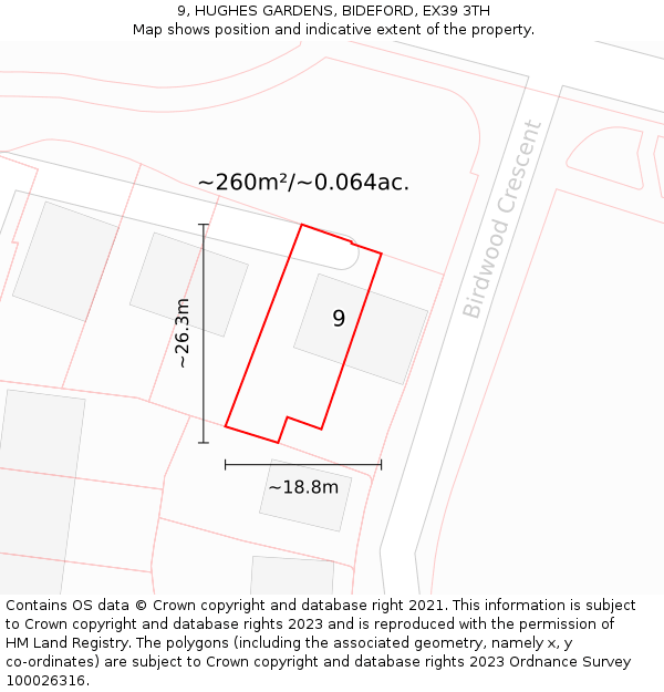 9, HUGHES GARDENS, BIDEFORD, EX39 3TH: Plot and title map