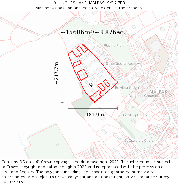 9, HUGHES LANE, MALPAS, SY14 7FB: Plot and title map