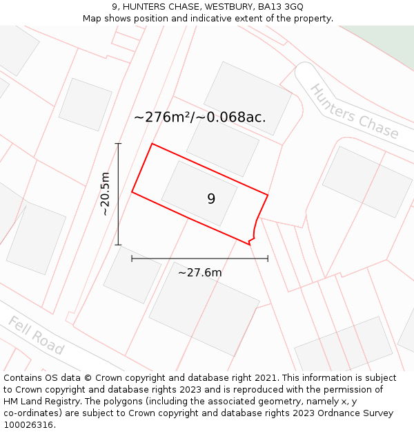 9, HUNTERS CHASE, WESTBURY, BA13 3GQ: Plot and title map