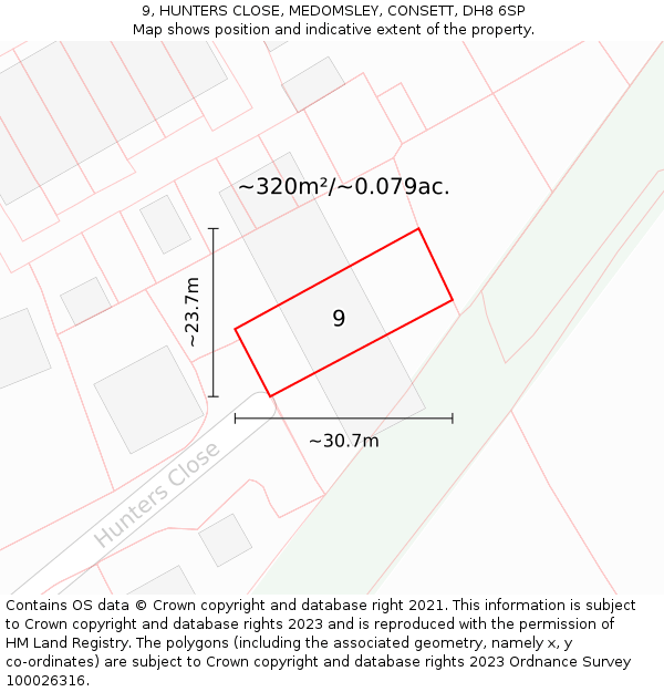 9, HUNTERS CLOSE, MEDOMSLEY, CONSETT, DH8 6SP: Plot and title map