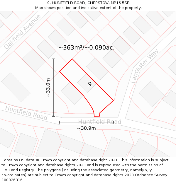 9, HUNTFIELD ROAD, CHEPSTOW, NP16 5SB: Plot and title map