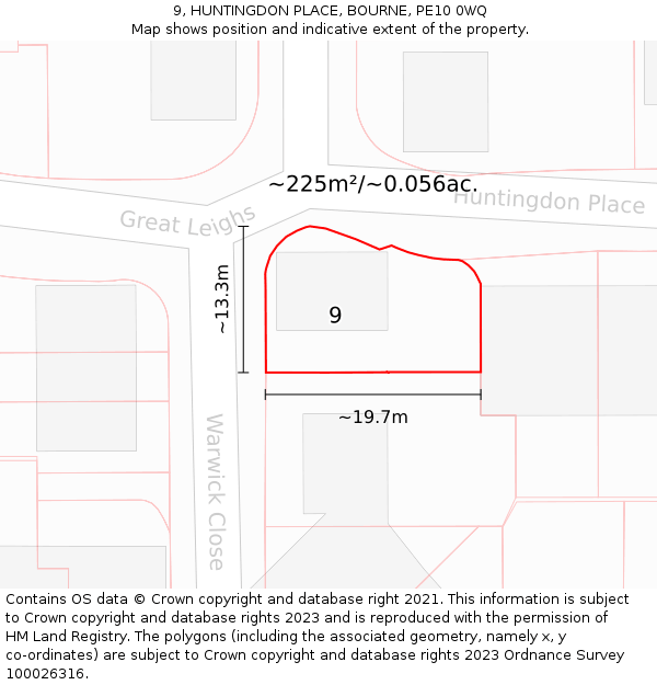 9, HUNTINGDON PLACE, BOURNE, PE10 0WQ: Plot and title map