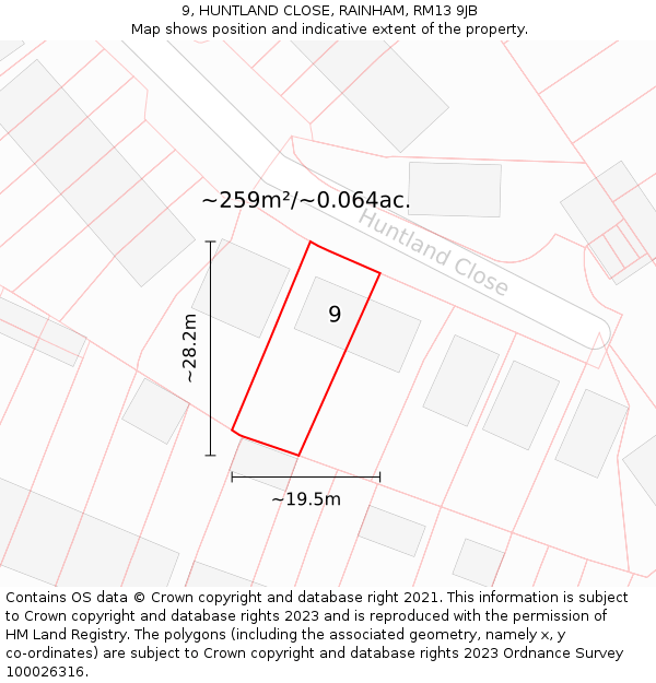 9, HUNTLAND CLOSE, RAINHAM, RM13 9JB: Plot and title map