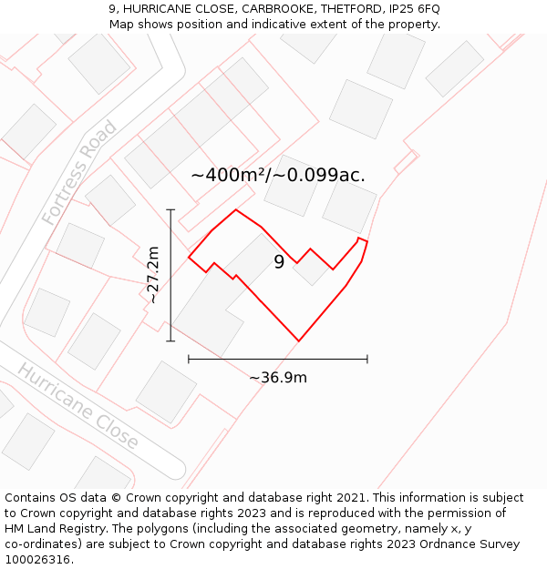 9, HURRICANE CLOSE, CARBROOKE, THETFORD, IP25 6FQ: Plot and title map