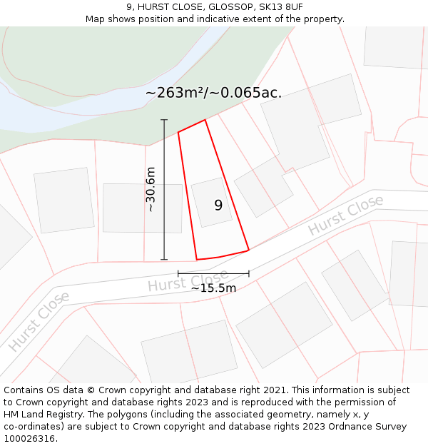 9, HURST CLOSE, GLOSSOP, SK13 8UF: Plot and title map