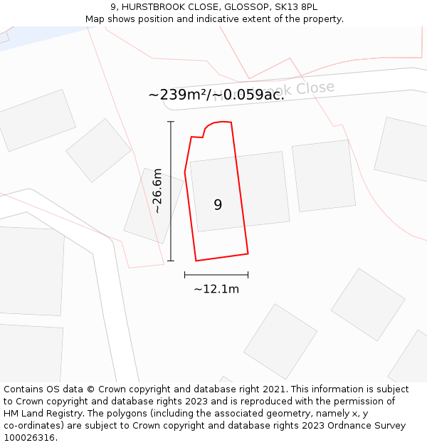 9, HURSTBROOK CLOSE, GLOSSOP, SK13 8PL: Plot and title map