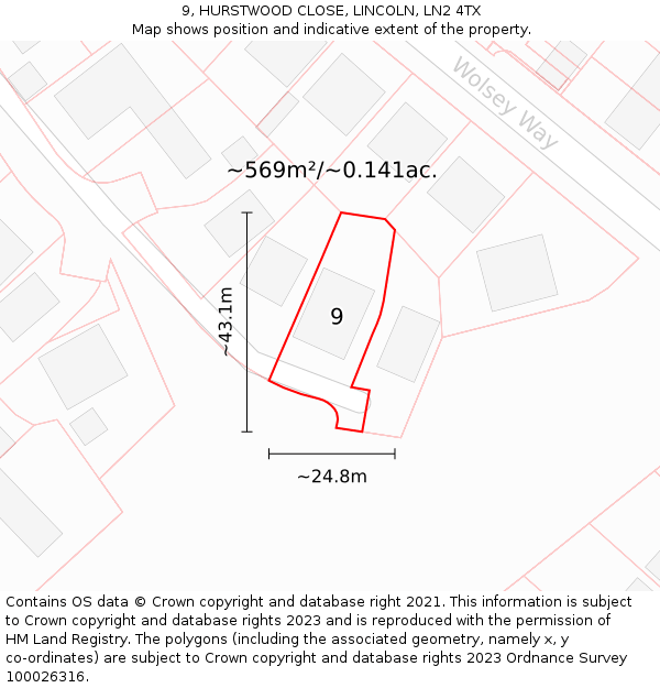 9, HURSTWOOD CLOSE, LINCOLN, LN2 4TX: Plot and title map