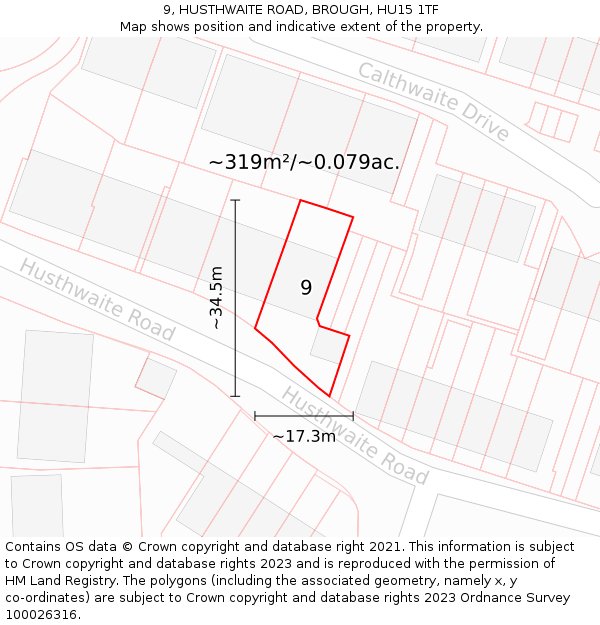 9, HUSTHWAITE ROAD, BROUGH, HU15 1TF: Plot and title map
