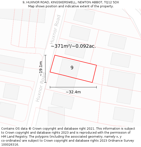 9, HUXNOR ROAD, KINGSKERSWELL, NEWTON ABBOT, TQ12 5DX: Plot and title map