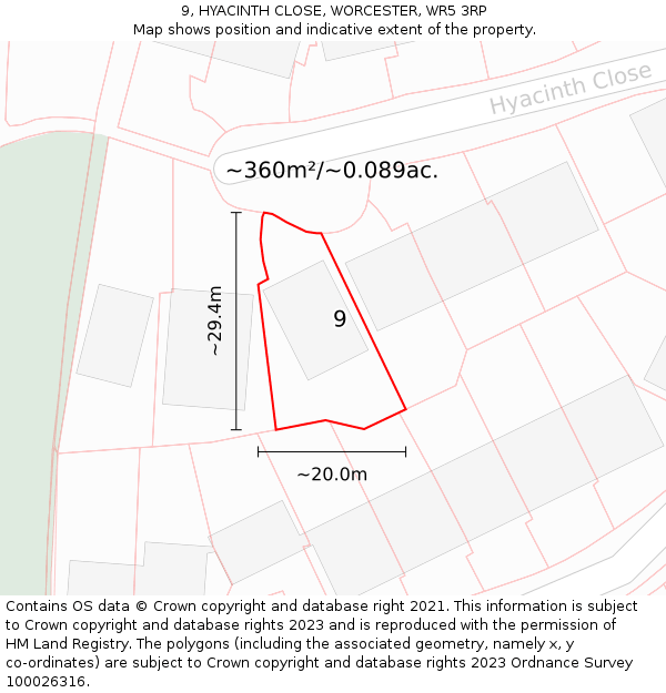 9, HYACINTH CLOSE, WORCESTER, WR5 3RP: Plot and title map