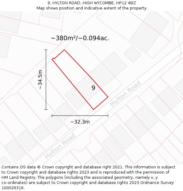 9, HYLTON ROAD, HIGH WYCOMBE, HP12 4BZ: Plot and title map