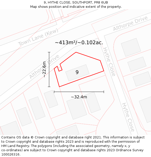 9, HYTHE CLOSE, SOUTHPORT, PR8 6UB: Plot and title map