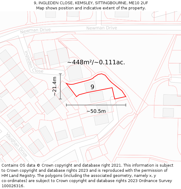 9, INGLEDEN CLOSE, KEMSLEY, SITTINGBOURNE, ME10 2UF: Plot and title map