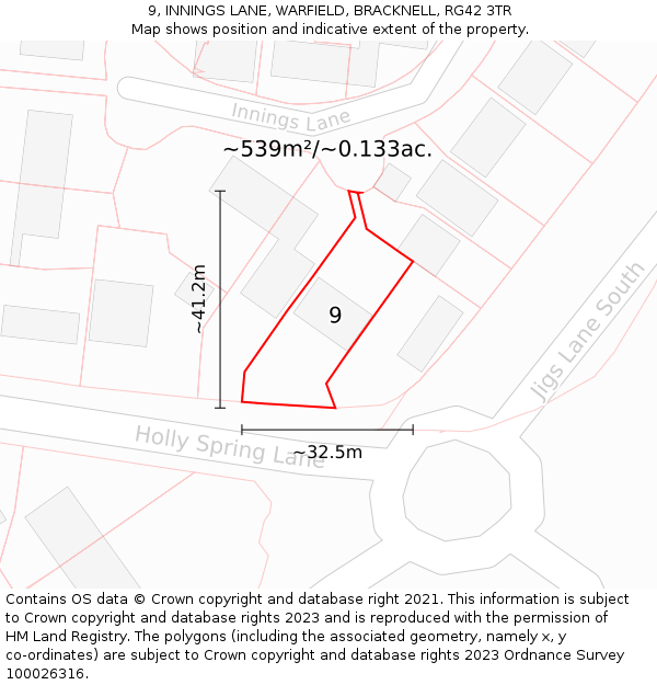 9, INNINGS LANE, WARFIELD, BRACKNELL, RG42 3TR: Plot and title map