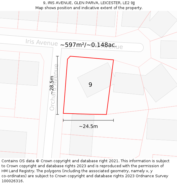 9, IRIS AVENUE, GLEN PARVA, LEICESTER, LE2 9JJ: Plot and title map