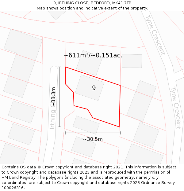 9, IRTHING CLOSE, BEDFORD, MK41 7TP: Plot and title map