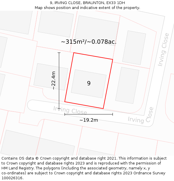 9, IRVING CLOSE, BRAUNTON, EX33 1DH: Plot and title map