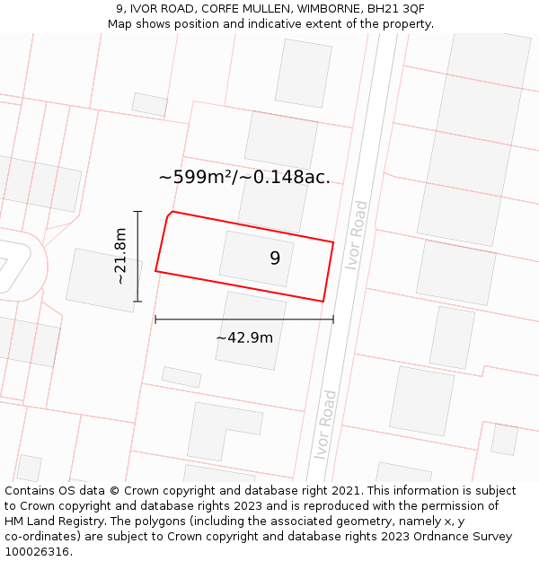 9, IVOR ROAD, CORFE MULLEN, WIMBORNE, BH21 3QF: Plot and title map