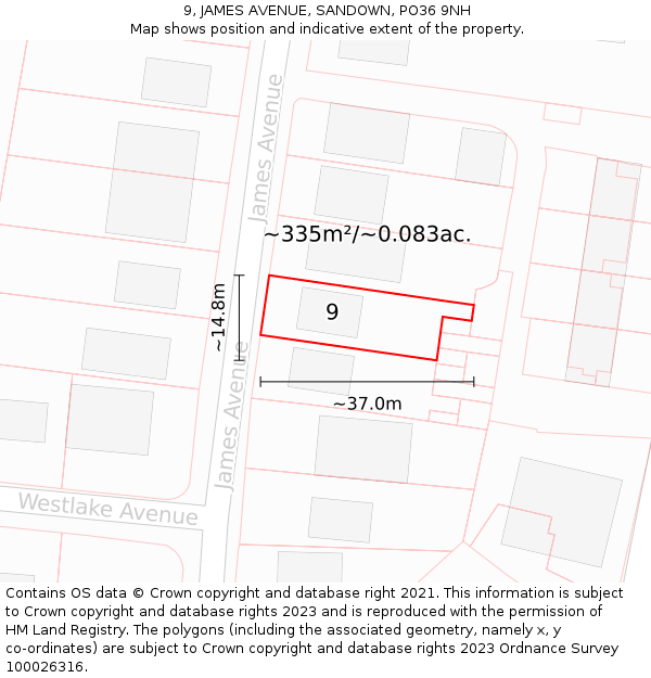 9, JAMES AVENUE, SANDOWN, PO36 9NH: Plot and title map