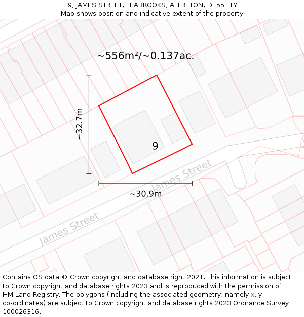 9, JAMES STREET, LEABROOKS, ALFRETON, DE55 1LY: Plot and title map