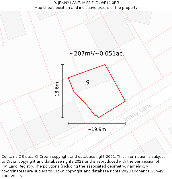 9, JENNY LANE, MIRFIELD, WF14 0BB: Plot and title map
