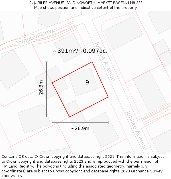 9, JUBILEE AVENUE, FALDINGWORTH, MARKET RASEN, LN8 3FF: Plot and title map