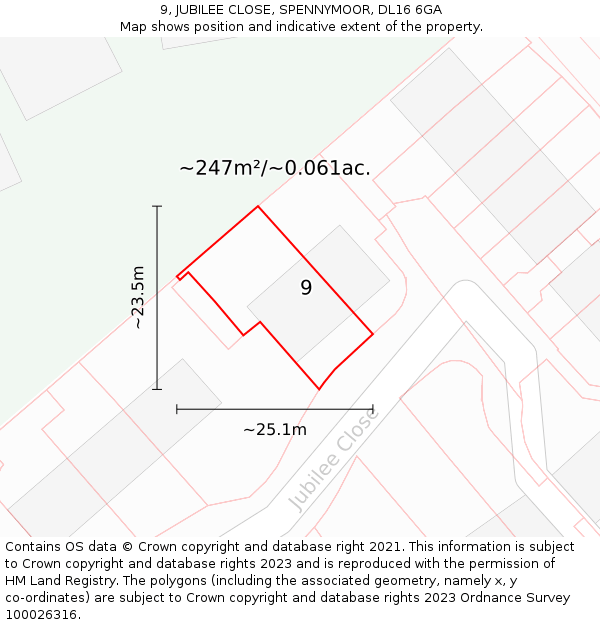 9, JUBILEE CLOSE, SPENNYMOOR, DL16 6GA: Plot and title map