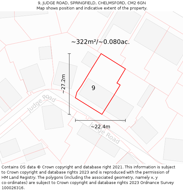 9, JUDGE ROAD, SPRINGFIELD, CHELMSFORD, CM2 6GN: Plot and title map