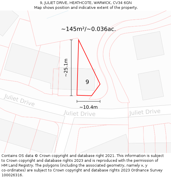 9, JULIET DRIVE, HEATHCOTE, WARWICK, CV34 6GN: Plot and title map