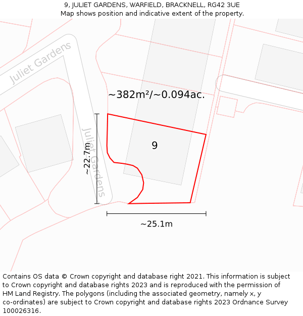 9, JULIET GARDENS, WARFIELD, BRACKNELL, RG42 3UE: Plot and title map