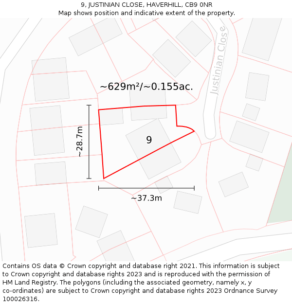 9, JUSTINIAN CLOSE, HAVERHILL, CB9 0NR: Plot and title map