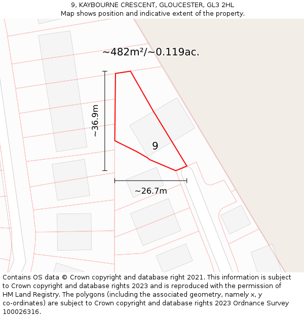 9, KAYBOURNE CRESCENT, GLOUCESTER, GL3 2HL: Plot and title map