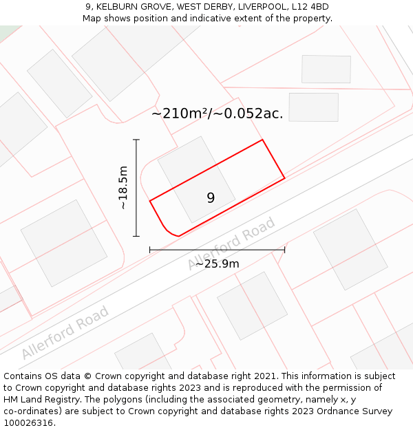 9, KELBURN GROVE, WEST DERBY, LIVERPOOL, L12 4BD: Plot and title map