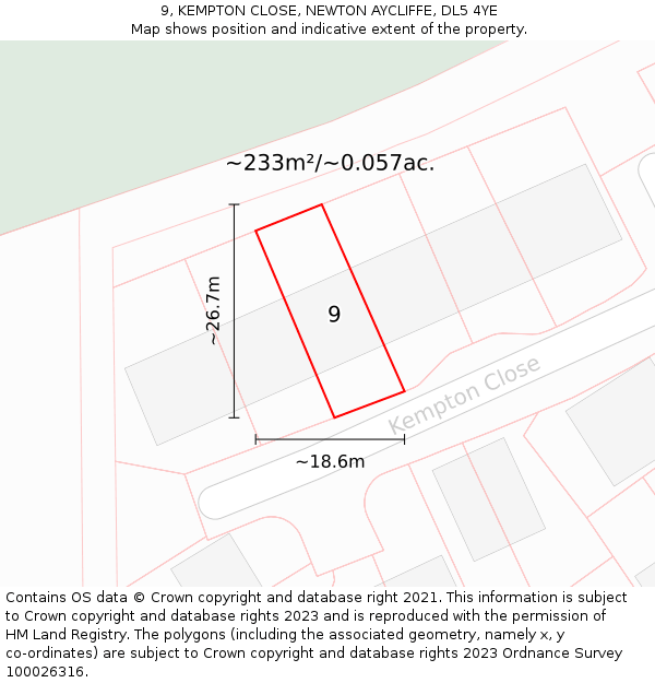 9, KEMPTON CLOSE, NEWTON AYCLIFFE, DL5 4YE: Plot and title map