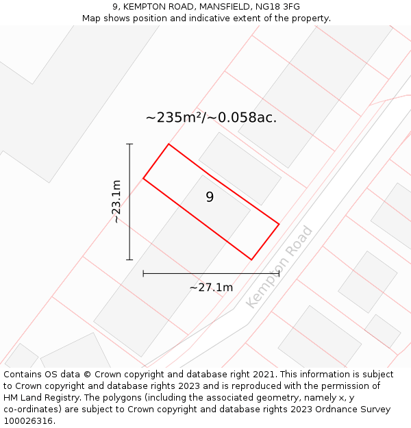 9, KEMPTON ROAD, MANSFIELD, NG18 3FG: Plot and title map