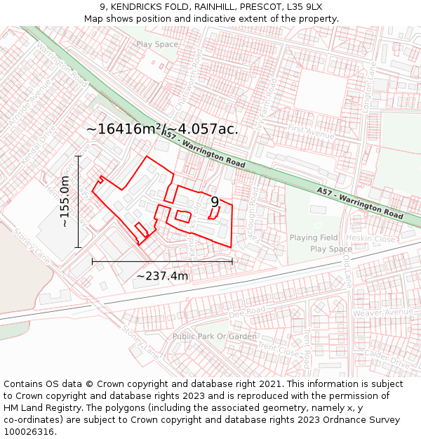 9, KENDRICKS FOLD, RAINHILL, PRESCOT, L35 9LX: Plot and title map