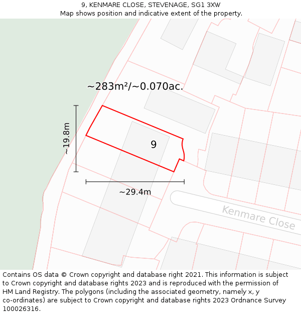 9, KENMARE CLOSE, STEVENAGE, SG1 3XW: Plot and title map