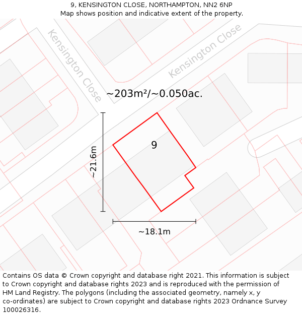 9, KENSINGTON CLOSE, NORTHAMPTON, NN2 6NP: Plot and title map