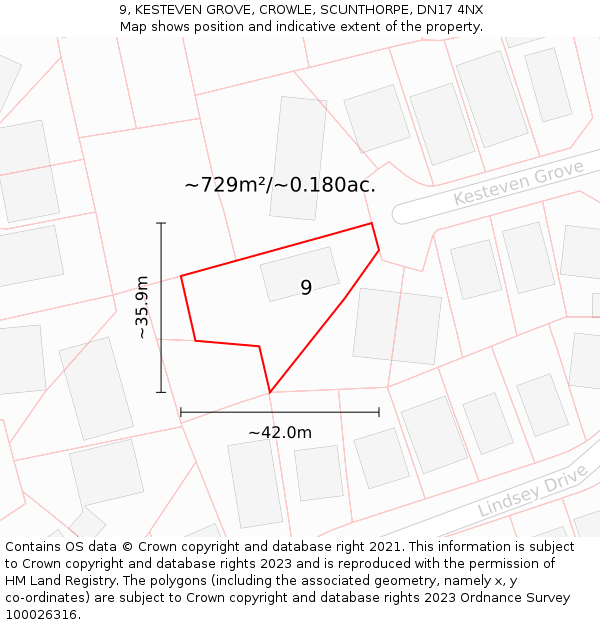 9, KESTEVEN GROVE, CROWLE, SCUNTHORPE, DN17 4NX: Plot and title map