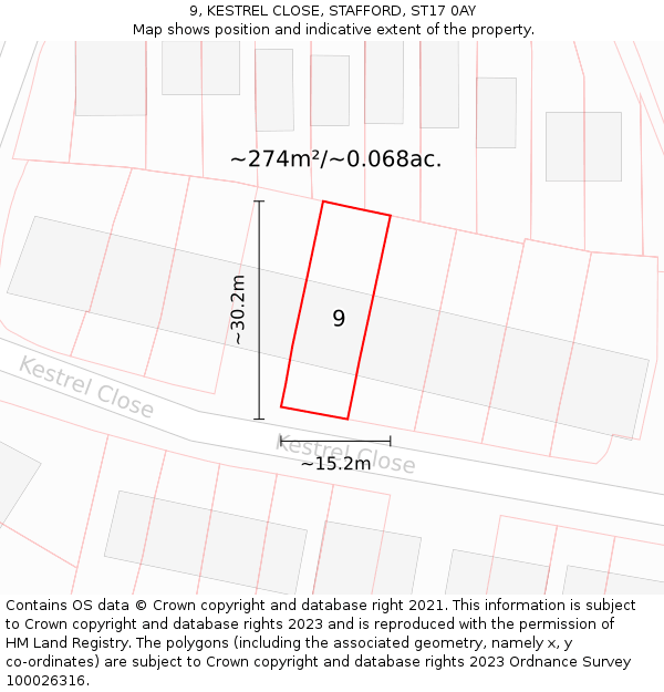 9, KESTREL CLOSE, STAFFORD, ST17 0AY: Plot and title map