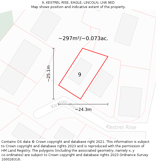 9, KESTREL RISE, EAGLE, LINCOLN, LN6 9ED: Plot and title map