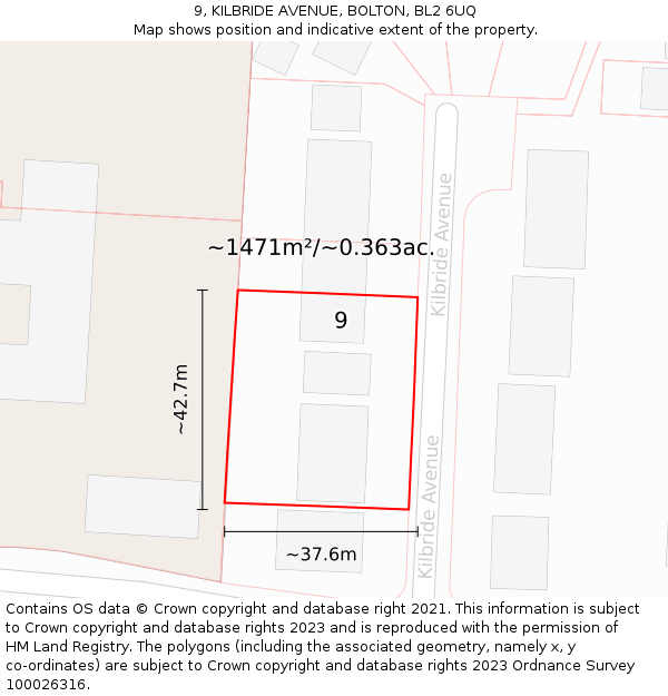 9, KILBRIDE AVENUE, BOLTON, BL2 6UQ: Plot and title map