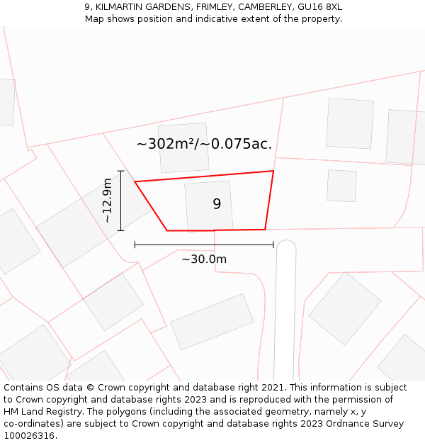 9, KILMARTIN GARDENS, FRIMLEY, CAMBERLEY, GU16 8XL: Plot and title map